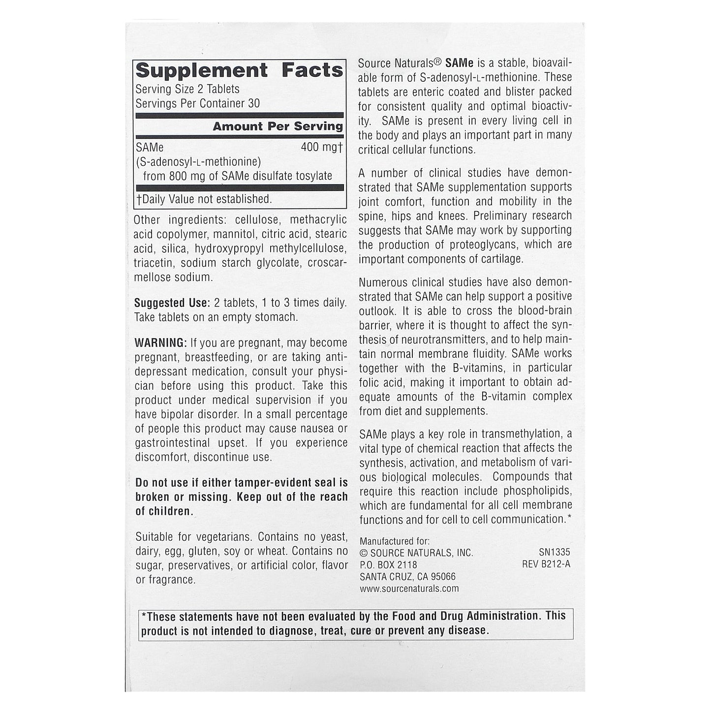 Source Naturals, SAMe S-Adenosyl-L-Methionine, 200 mg, 60 Enteric Coated Tablets