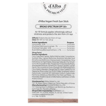 d'Alba, Vegan Fresh Sun Stick, SPF 50+, 0.7 oz (20 g)
