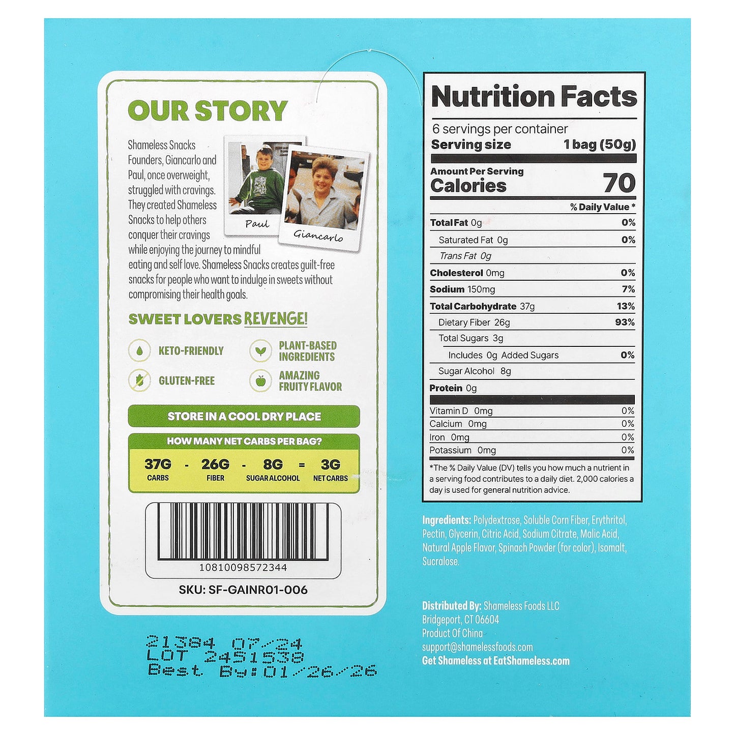 Shameless Snacks, Gummy Candy, Green Apple Blast®, 6 Bags, 1.8 oz (50 g) Each