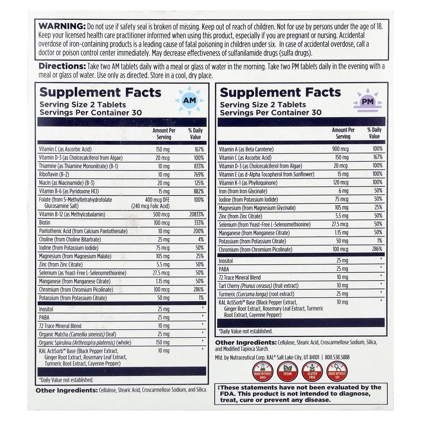 KAL, Multivitamin, Morning & Evening, 2 Pack, 60 Tablets Each