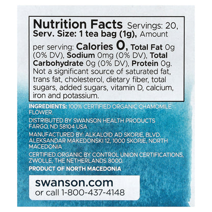Swanson, 100% Organic Chamomile Tea, Caffeine Free, 20 Tea Bags, 0.7 oz (20 g)