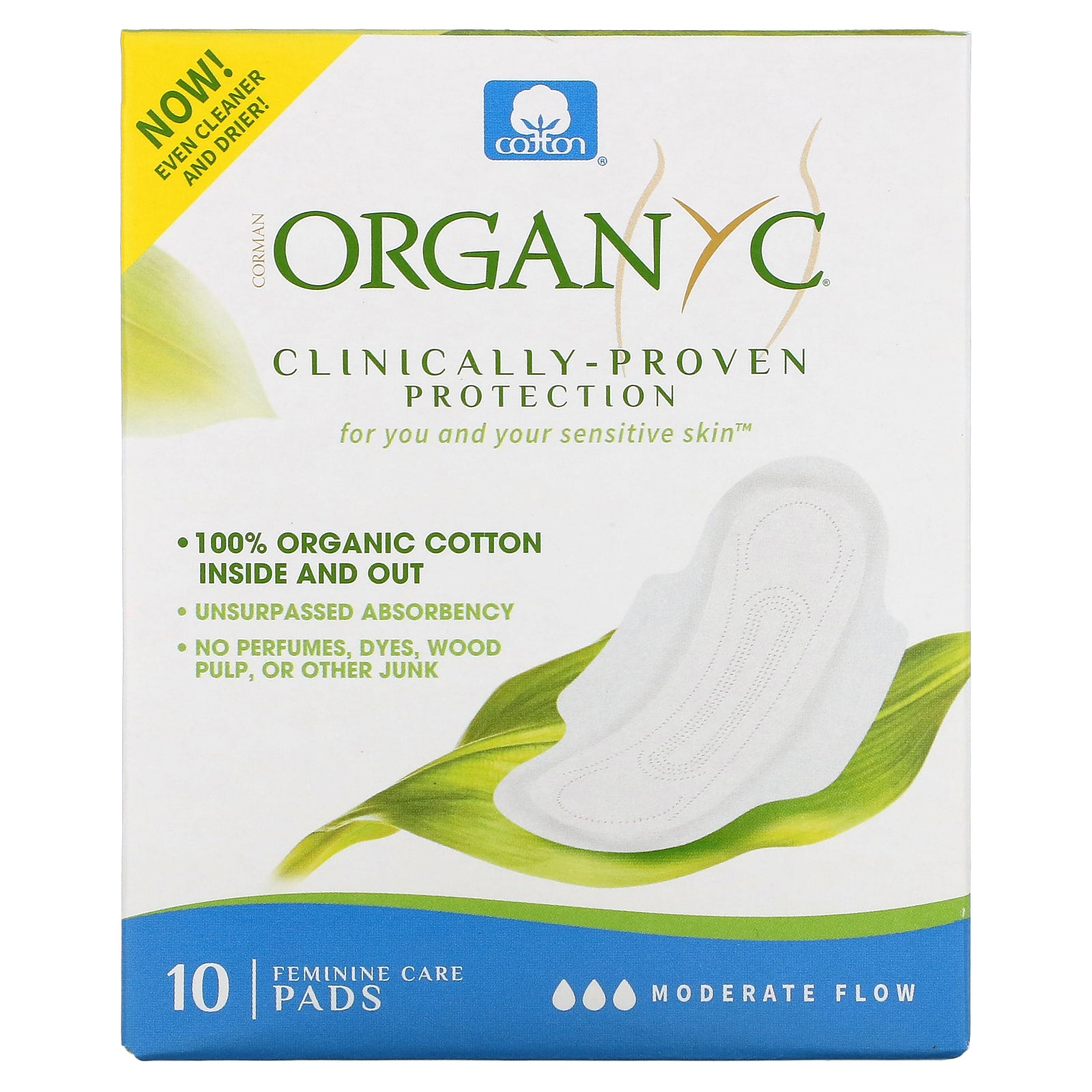 Organyc, Organic Cotton Pads, Moderate Flow, 10 Pads