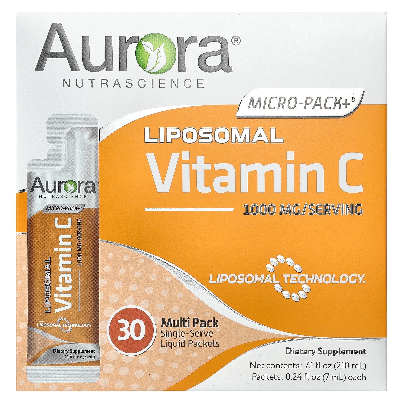 Aurora Nutrascience, Micro-Pack+ Liposomal Vitamin C, 1,000 mg, 30 Single-Serve Liquid Packets, 0.24 fl oz (7 ml) Each