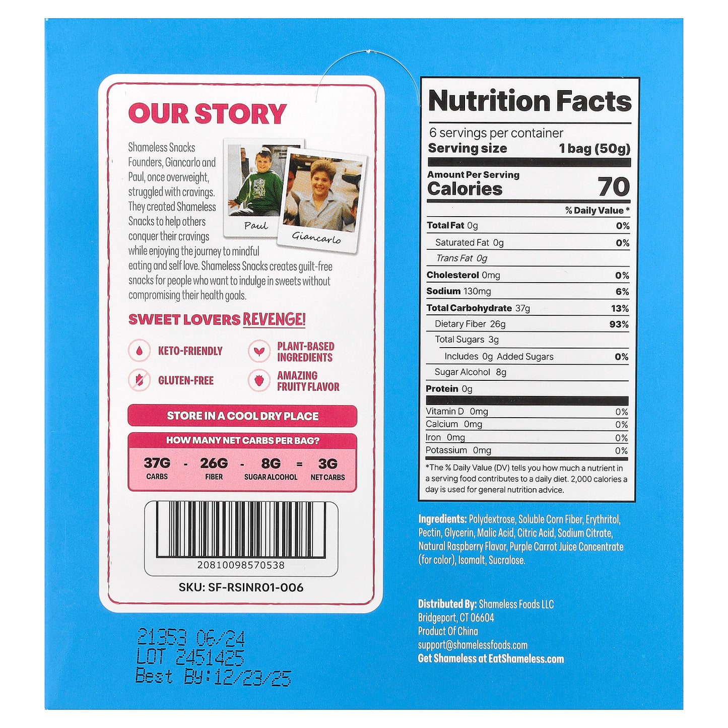 Shameless Snacks, Gummy Candy, Red Raspberry Sour Scouts®, 6 Bags, 1.8 oz (50 g) Each