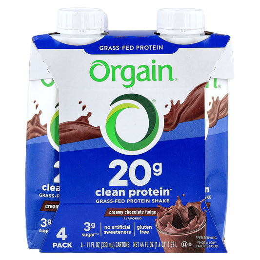 Orgain, Clean Grass-Fed Protein Shake, Creamy Chocolate Fudge, 4 Pack, 11 fl oz (330 ml) Each