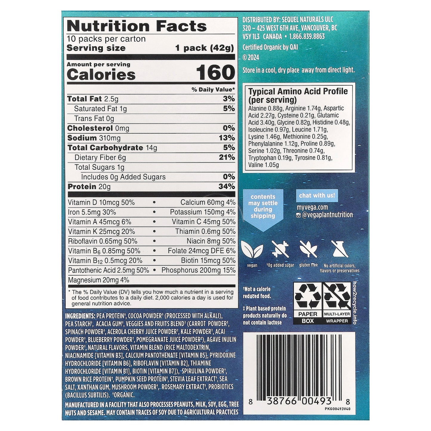 Vega, Organic Plant-Based Protein, Premium All-In-One Nutrition, Chocolate, 10 Packs, 1.5 oz (42 g) Each