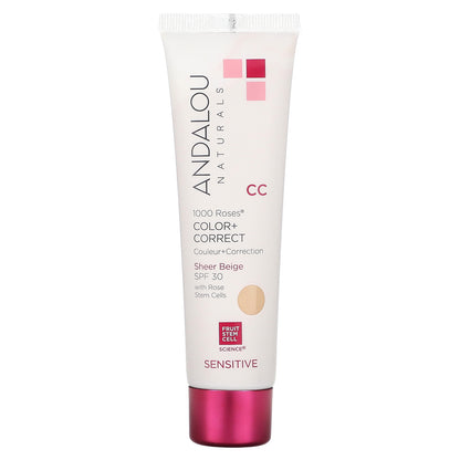 Andalou Naturals, 1000 Roses, CC Color + Correct, Sensitive, SPF 30, Sheer Beige, 2 fl oz (58 ml)