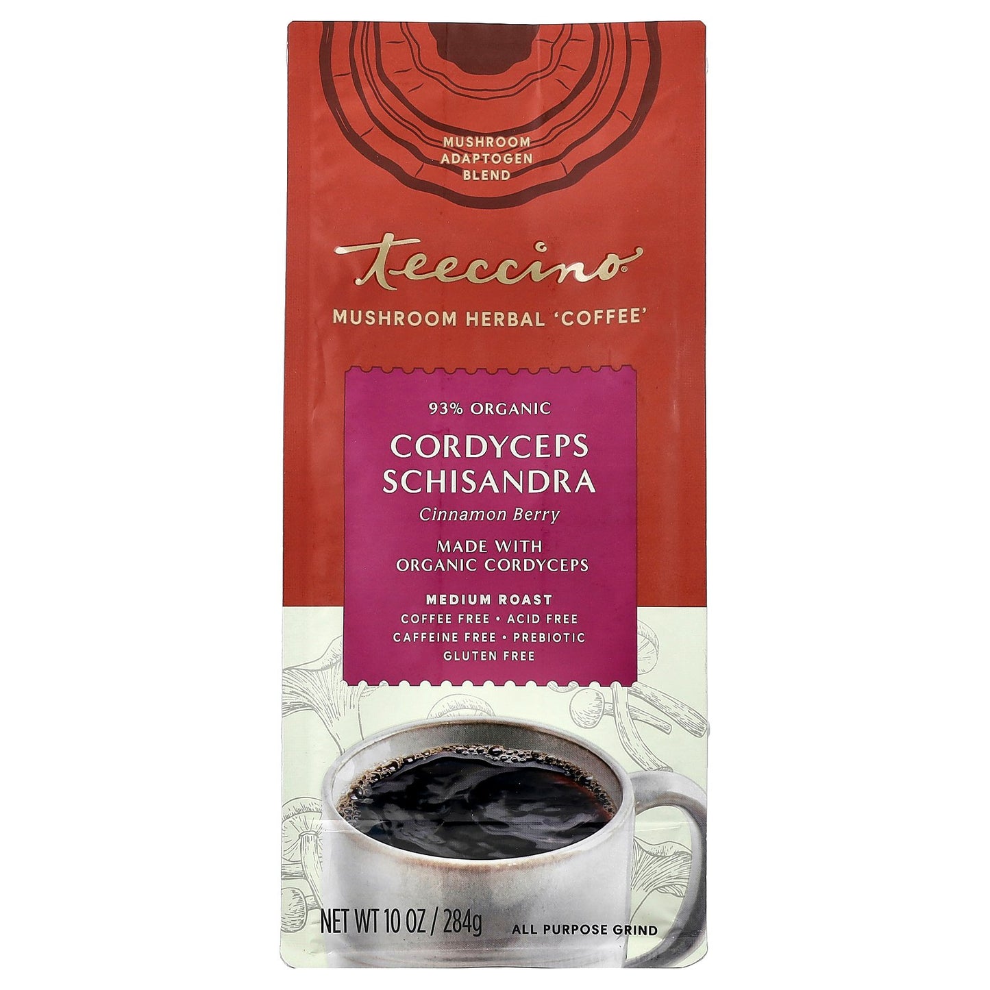 Teeccino, Mushroom Herbal Coffee, Cordyceps Schisandra, Cinnamon Berry, Medium Roast, Caffeine Free, 10 oz (284 g)