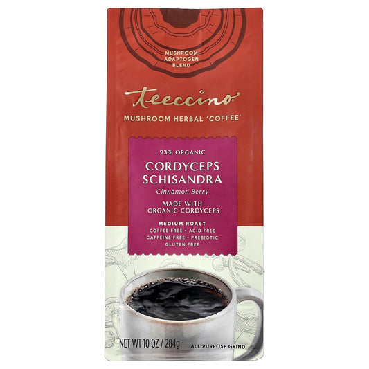 Teeccino, Mushroom Herbal Coffee, Cordyceps Schisandra, Cinnamon Berry, Medium Roast, Caffeine Free, 10 oz (284 g)