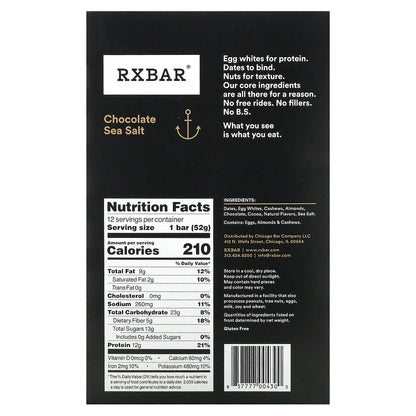 RXBAR, Protein Bar, Chocolate Sea Salt, 12 Bars, 1.83 oz (52 g) Each