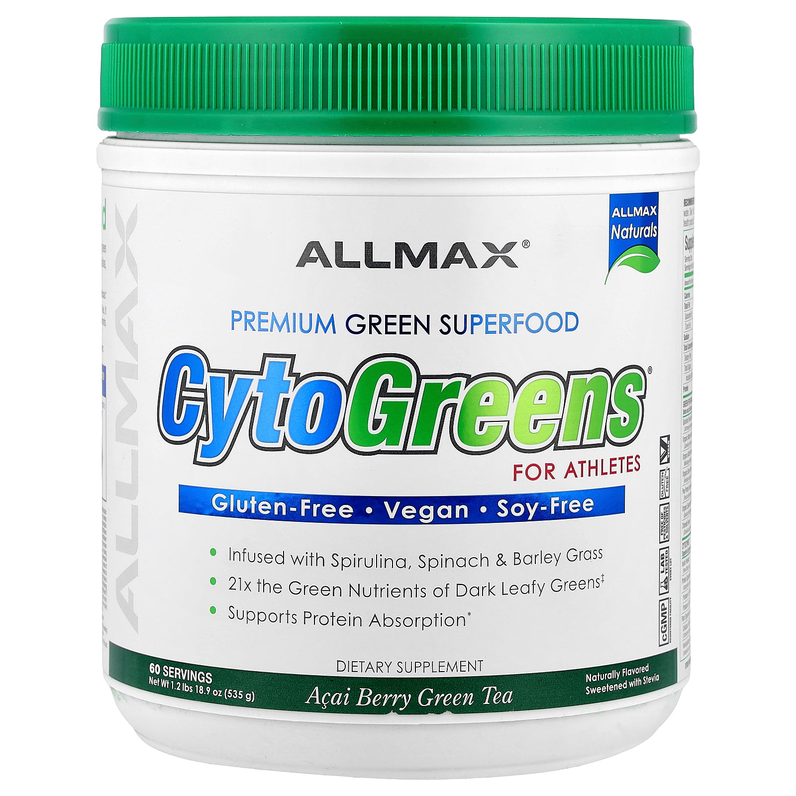 ALLMAX, CytoGreens®, Premium Green Superfood For Athletes, Acai Berry Green Tea, 1.2 lbs (535 g)