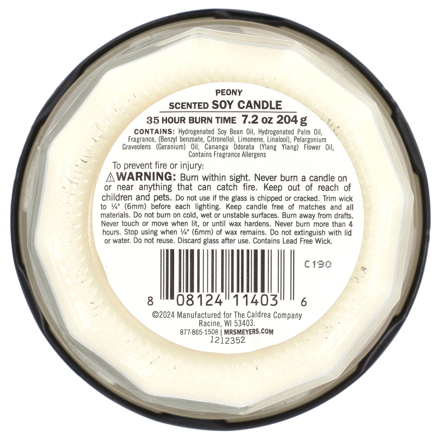 Mrs. Meyers Clean Day, Scented Soy Candle, Peony, 7.2 oz (204 g)