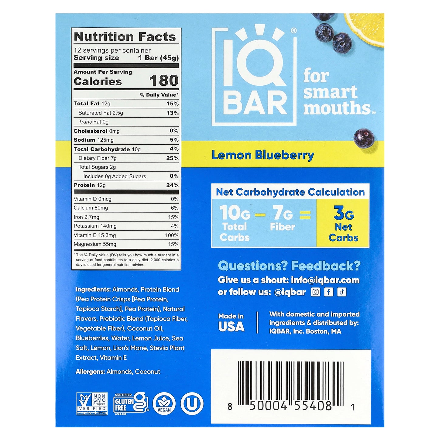 IQBAR, Plant Protein Bar, Lemon Blueberry, 12 Bars, 1.6 oz (45 g) Each
