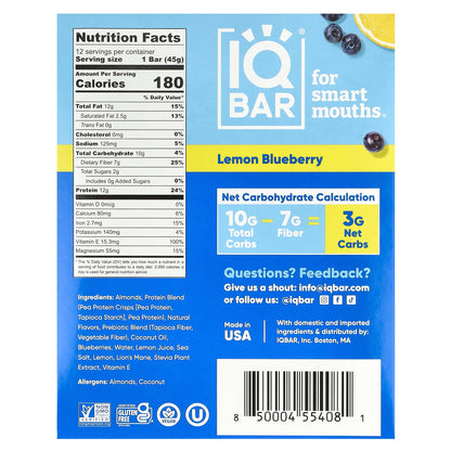 IQBAR, Plant Protein Bar, Lemon Blueberry, 12 Bars, 1.6 oz (45 g) Each