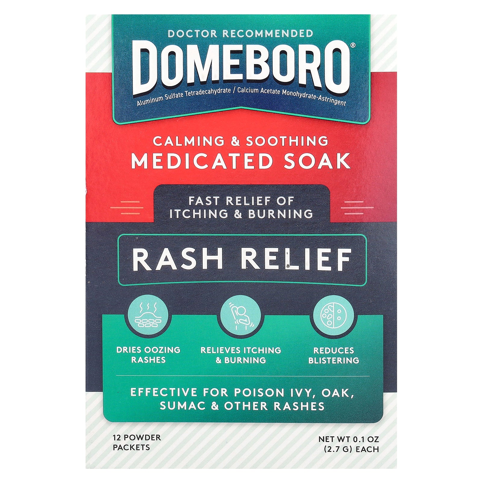 Domeboro, Medicated Soak, Rash Relief, 12 Powder Packets, 0.1 oz (2.7 g) Each