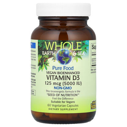 Natural Factors, Whole Earth & Sea®, Vegan Bioenhanced Vitamin D3, 125 mcg (5,000 IU), 60 Vegetarian Capsules