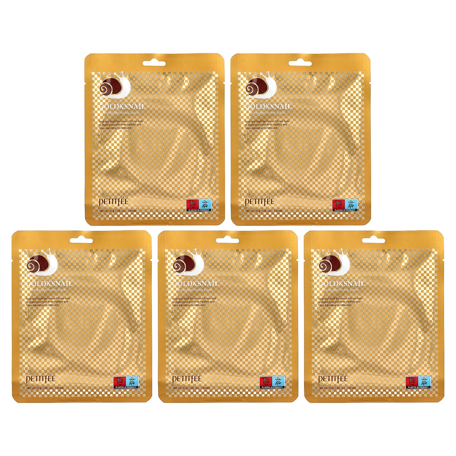 Petitfee, Gold & Snail Hydrogel Beauty Mask Pack, 5 Sheets, 1.05 oz (30 g) Each