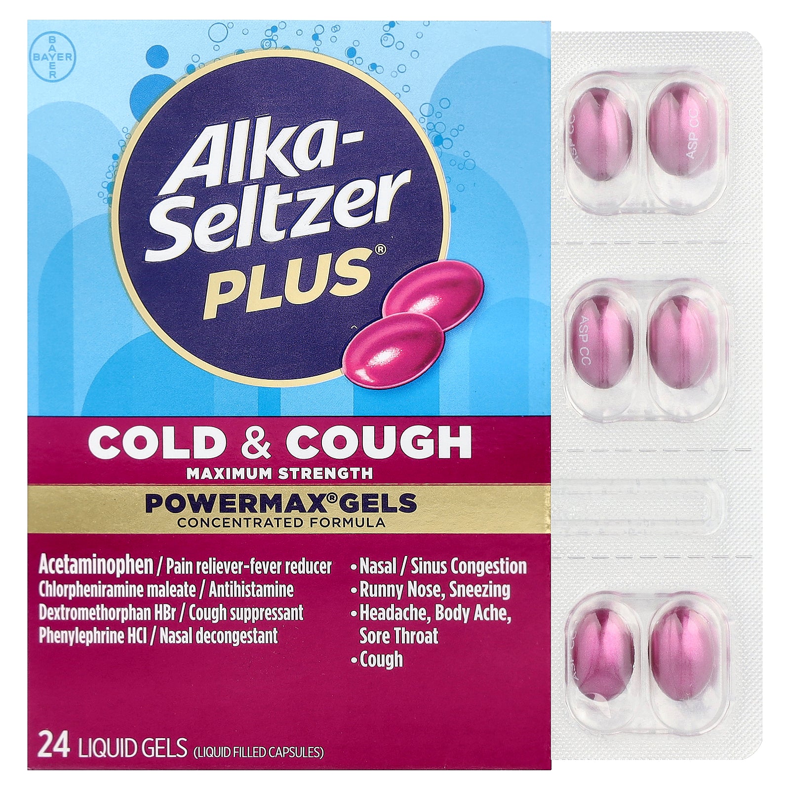Alka-Seltzer Plus, Cold & Cough PowerMax Gels, Maximum Strength , 24 Liquid Gels