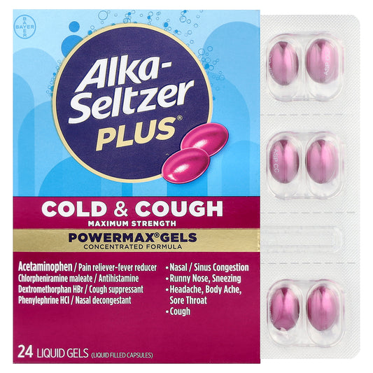 Alka-Seltzer Plus, Cold & Cough PowerMax Gels, Maximum Strength , 24 Liquid Gels