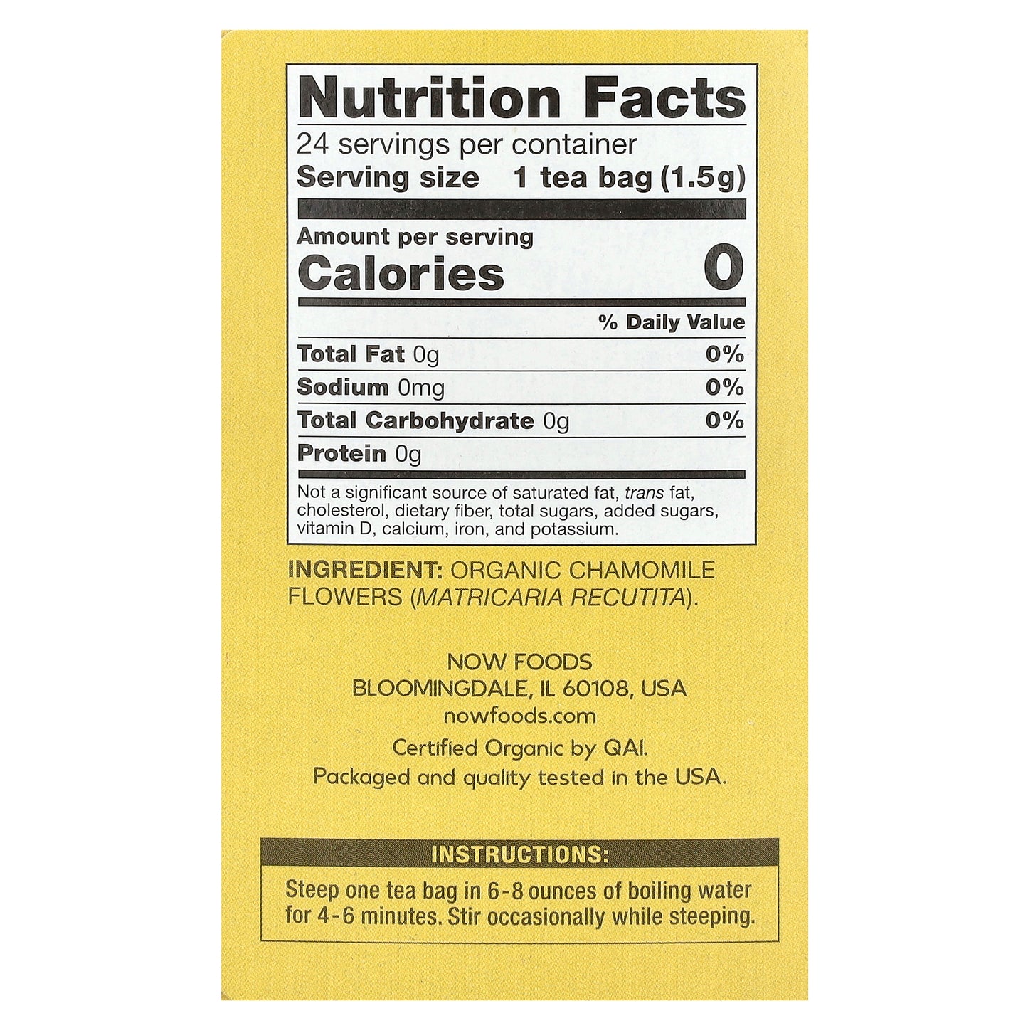 NOW Foods, Organic Chamomile Tea, Caffeine Free, 24 Tea Bags, 1.27 oz (36 g)