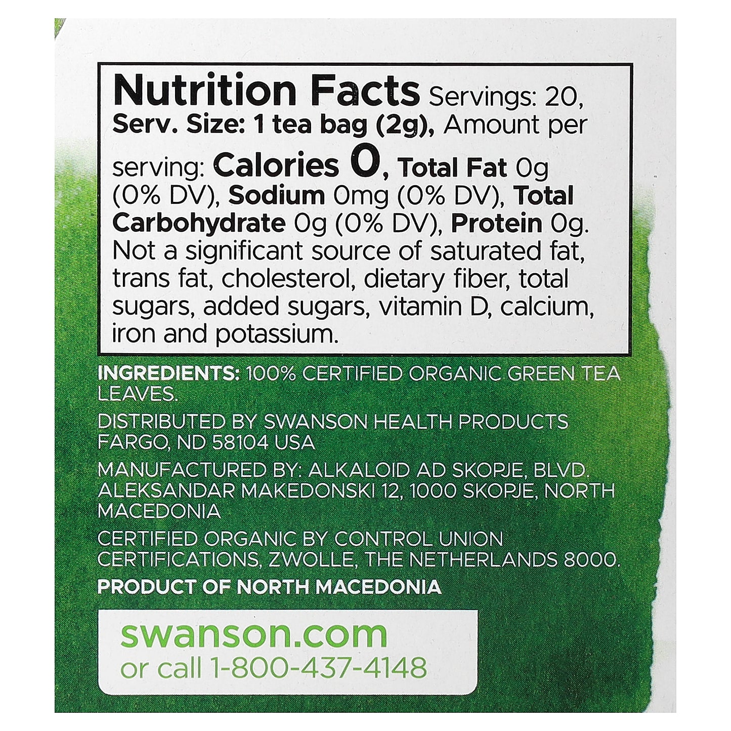 Swanson, 100% Organic Green Tea, 20 Tea Bags, 1.4 oz (40 g)