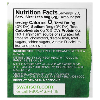 Swanson, 100% Organic Green Tea, 20 Tea Bags, 1.4 oz (40 g)
