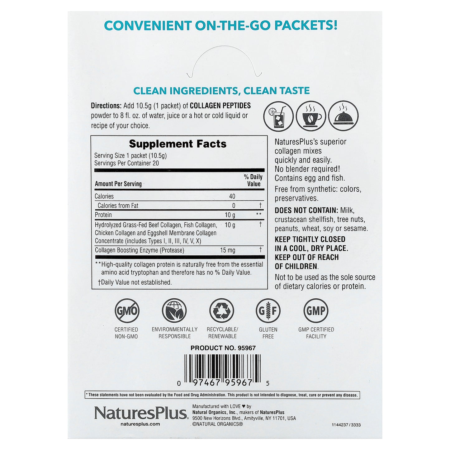 NaturesPlus, Collagen Peptides, 20 Stick Packets, 0.37 oz (10.5 g) Each