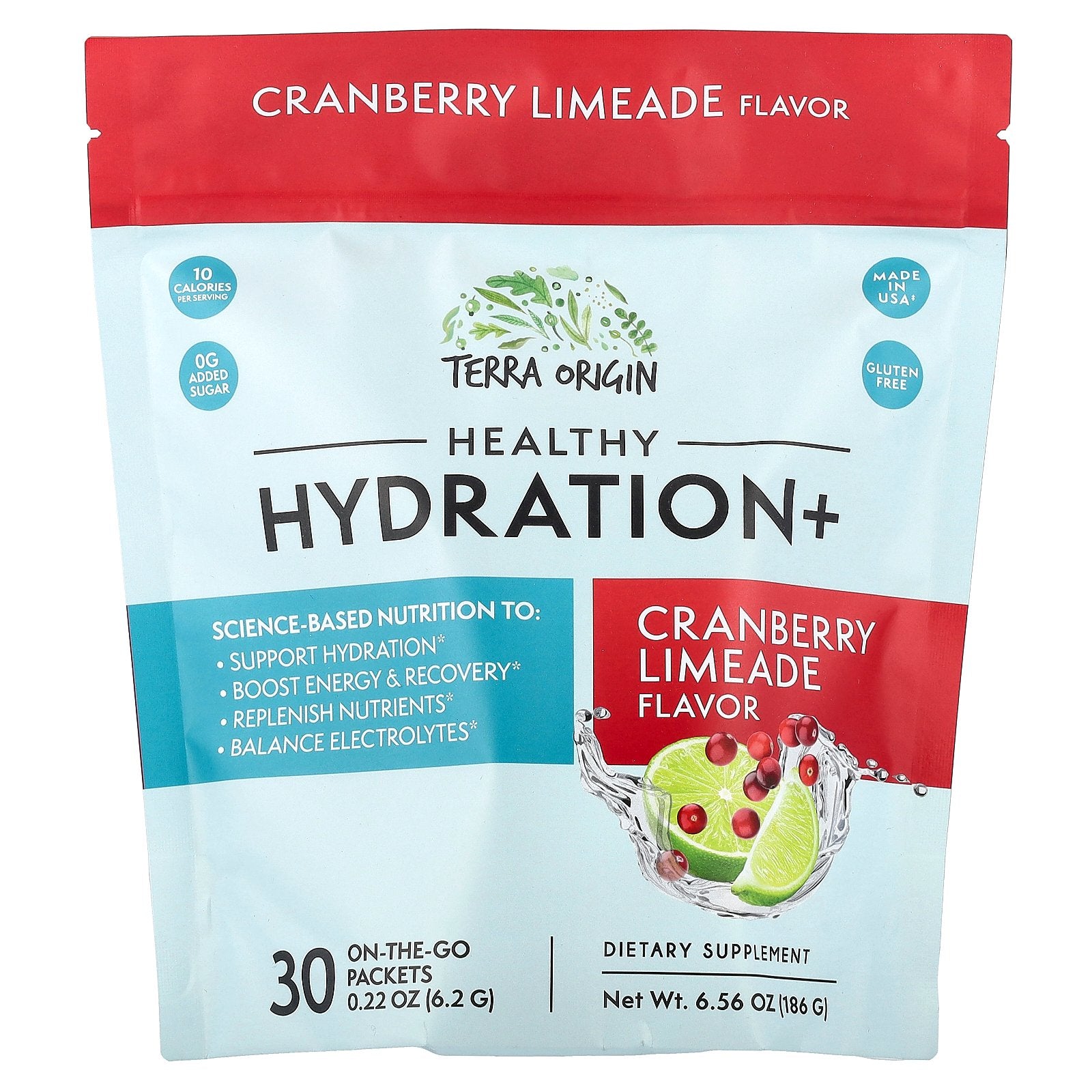 Terra Origin, Healthy Hydration+, Cranberry Limeade, 30 On-The-Go Packets, 0.22 oz (6.2 g) Each