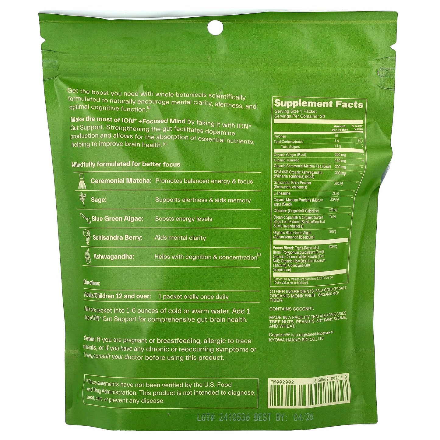 ION Intelligence of Nature, Focused Mind, Matcha, 20 Pack, 0.13 oz (3.8 g) Each