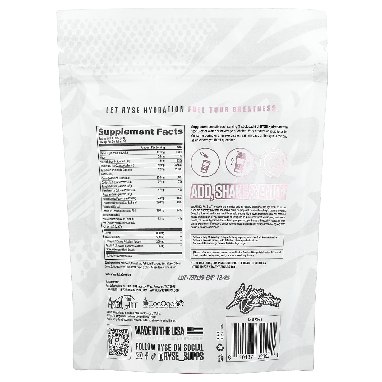 RYSE, Hydration, On-The-Go Electrolyte Drink Mix, Pink Splash, 16 Sticks, 0.23 oz (6.4 g) Each