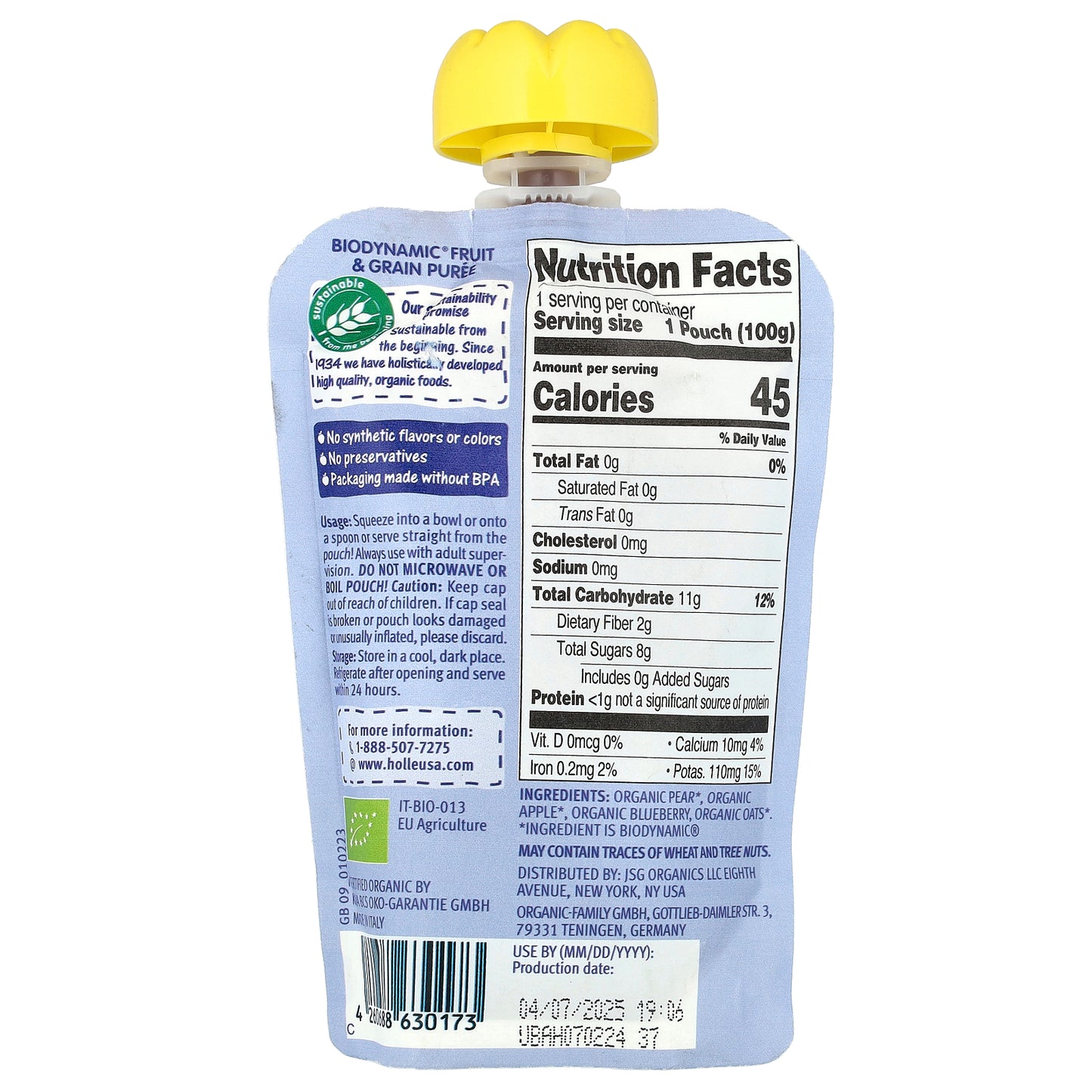 Holle, Organic Fruit & Grain Puree, Blue Bird, 6+ Months, Pear Apple & Blueberries with Oats, 3.5 oz (100 g)