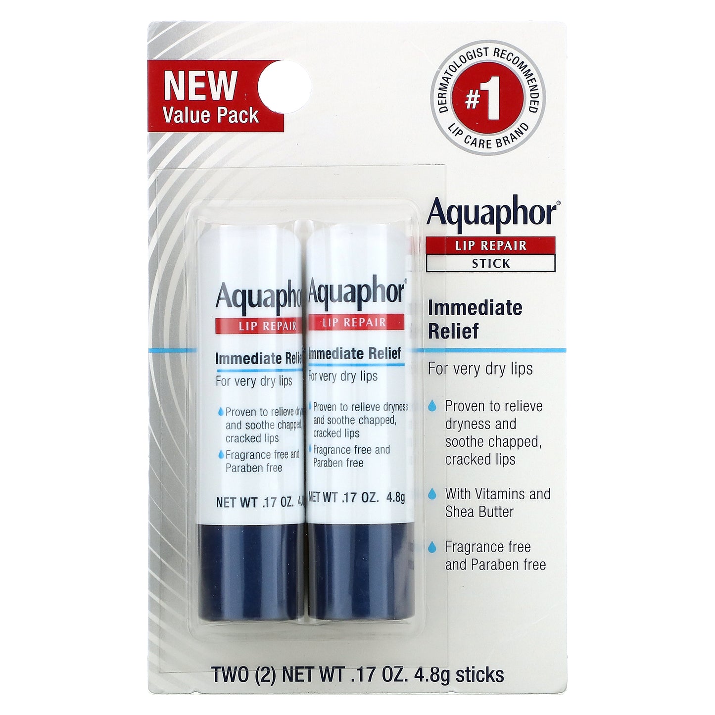 Aquaphor, Lip Repair Stick, Immediate Relief, 2 Sticks, 0.17 oz (4.8 g)