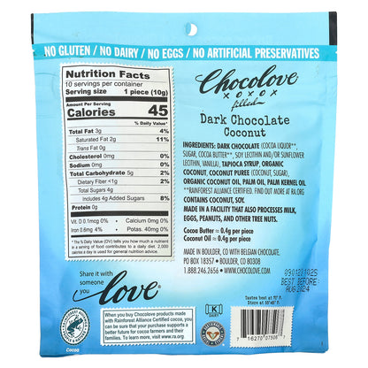 Chocolove, Filled Dark Chocolate, Coconut, 54% Cocoa, 3.5 oz (100 g)