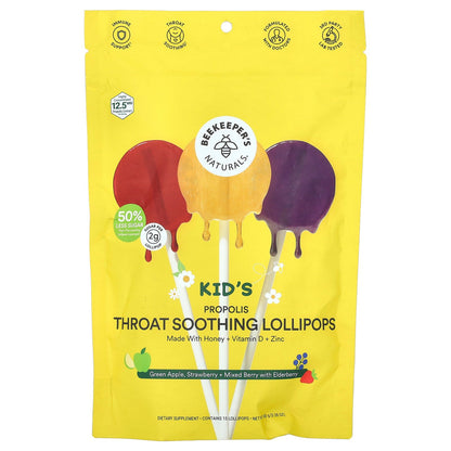 Beekeeper's Naturals, Kids Propolis Throat Soothing Lollipops, Green Apple, Strawberry + Mixed Berry with Elderberry, 15 Lollipops