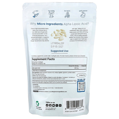 Micro Ingredients, Alpha Lipoic Acid, 300 Softgels (200 mg Per Softgel)