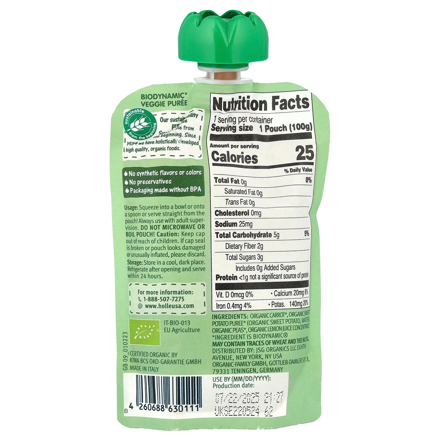 Holle, Organic Veggie Puree, Veggie Bunny, 6+ Months, Carrot & Sweet Potato With Peas, 3.5 oz (100 g)