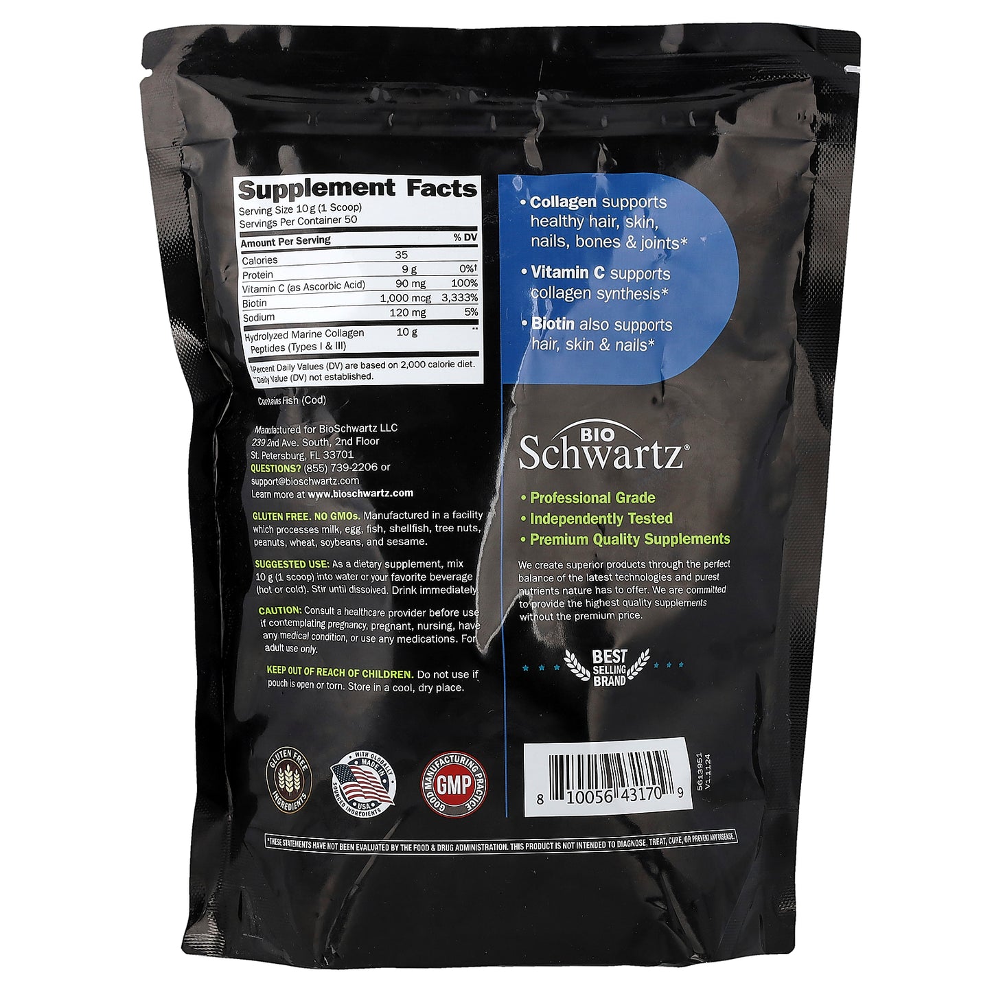 BioSchwartz, Marine Collagen Peptides Powder, Types I & III, With Biotin & Vitamin C, Unflavored, 17.6 oz (500 g)