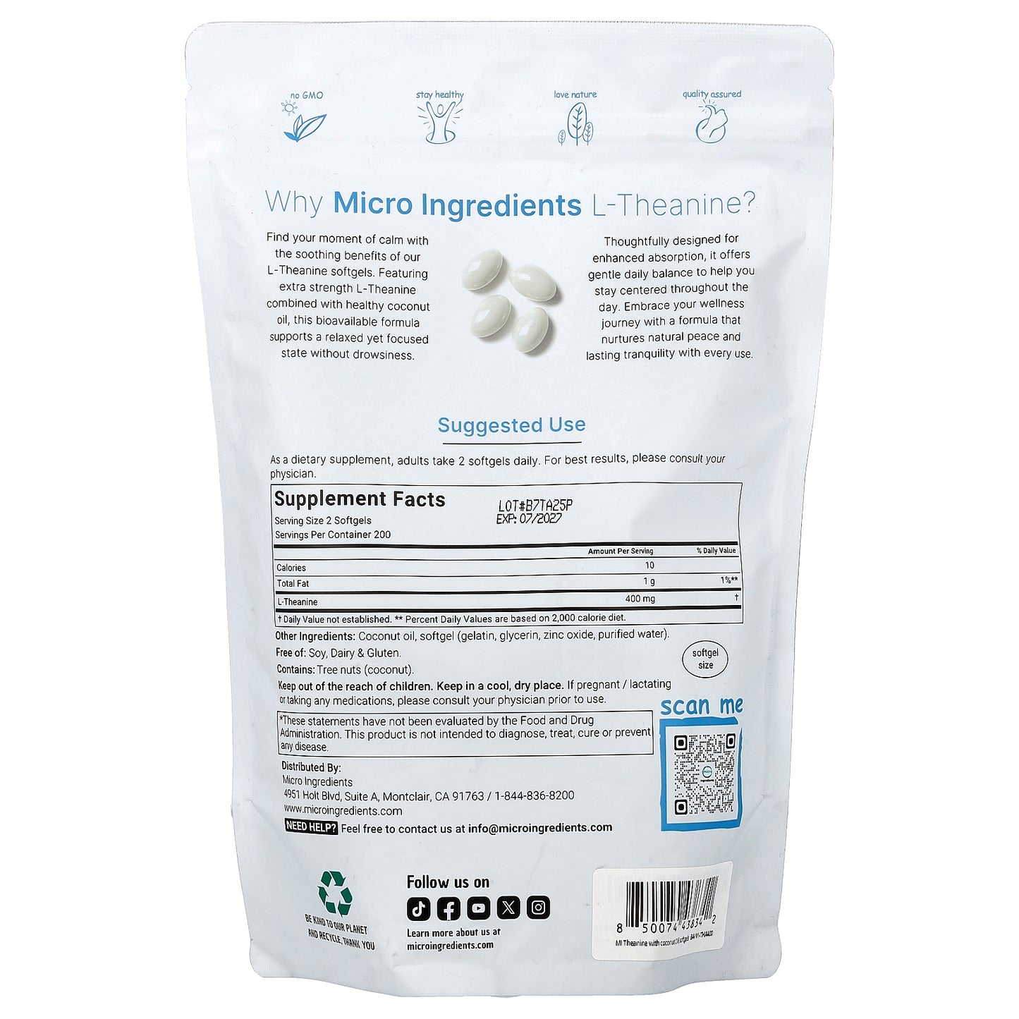Micro Ingredients, L-Theanine, 400 Softgels (200 mg per Softgel)