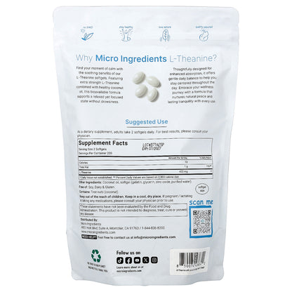 Micro Ingredients, L-Theanine, 400 Softgels (200 mg per Softgel)