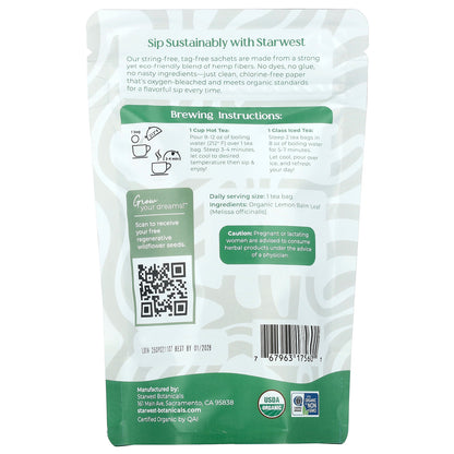 Starwest Botanicals, Organic Lemon Balm Tea, 20 Tea Bags, 1.04 oz (30 g)