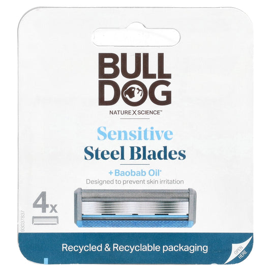 Bulldog Skincare For Men, Sensitive Steel Shaving Blades + Baobab Oil, 4 Cartridges