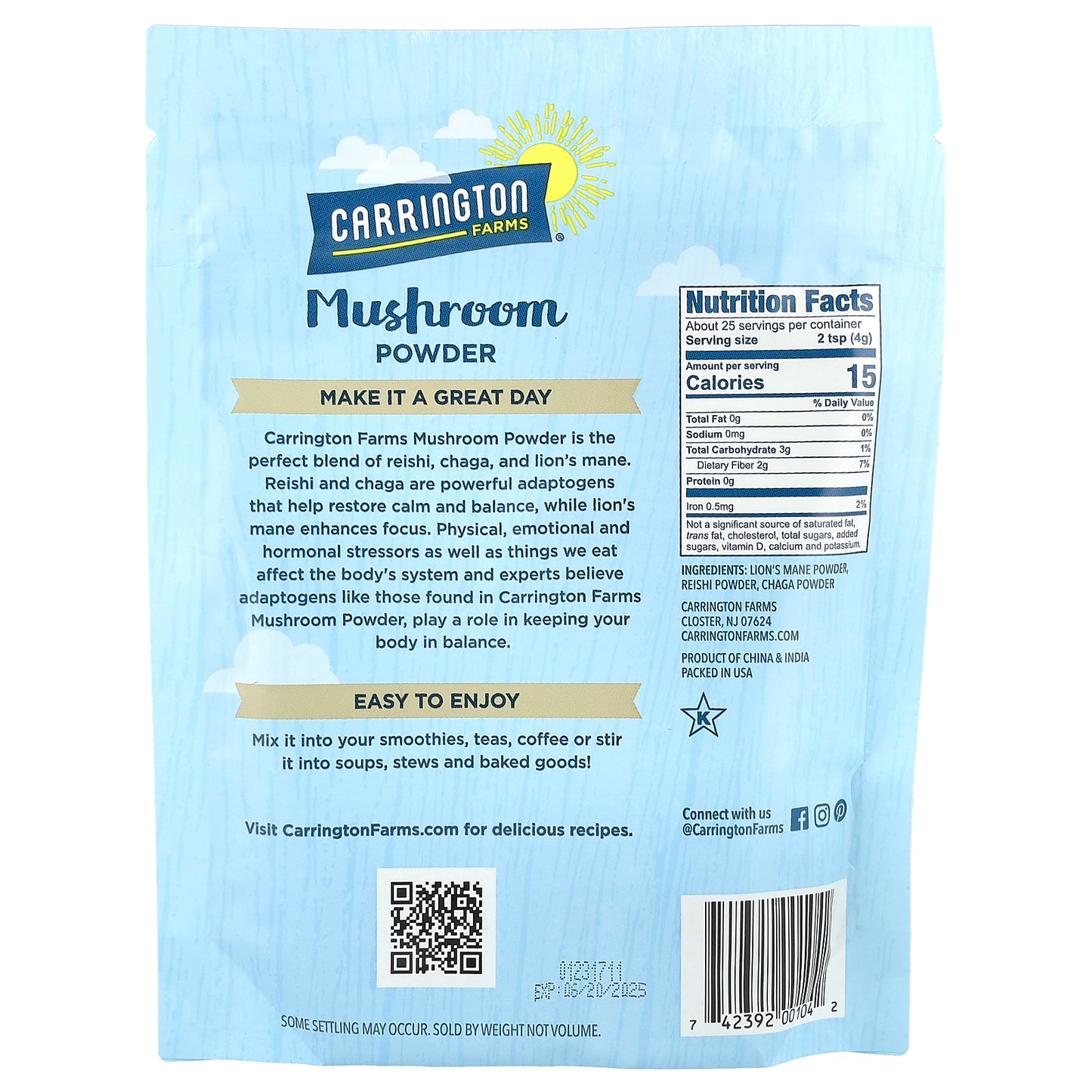 Carrington Farms, Mushroom Powder, Adaptogen Blend, 3.5 oz (99 g)