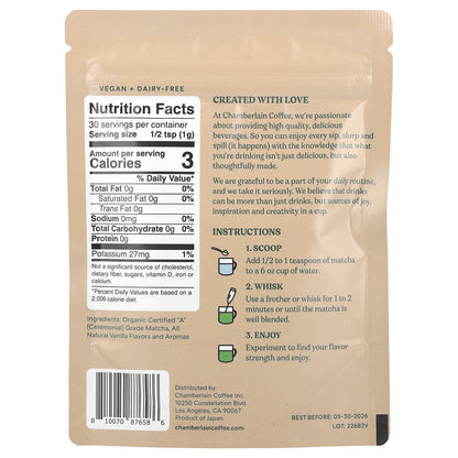 Chamberlain Coffee, Vanilla Matcha Powder, Ceremonial Grade, 1.06 oz (30 g)