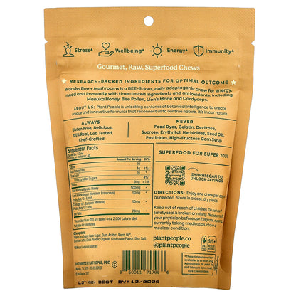 Plant People, WonderBee® Superfood & Mushroom Honey Chews, Chocolate, 30 Chews