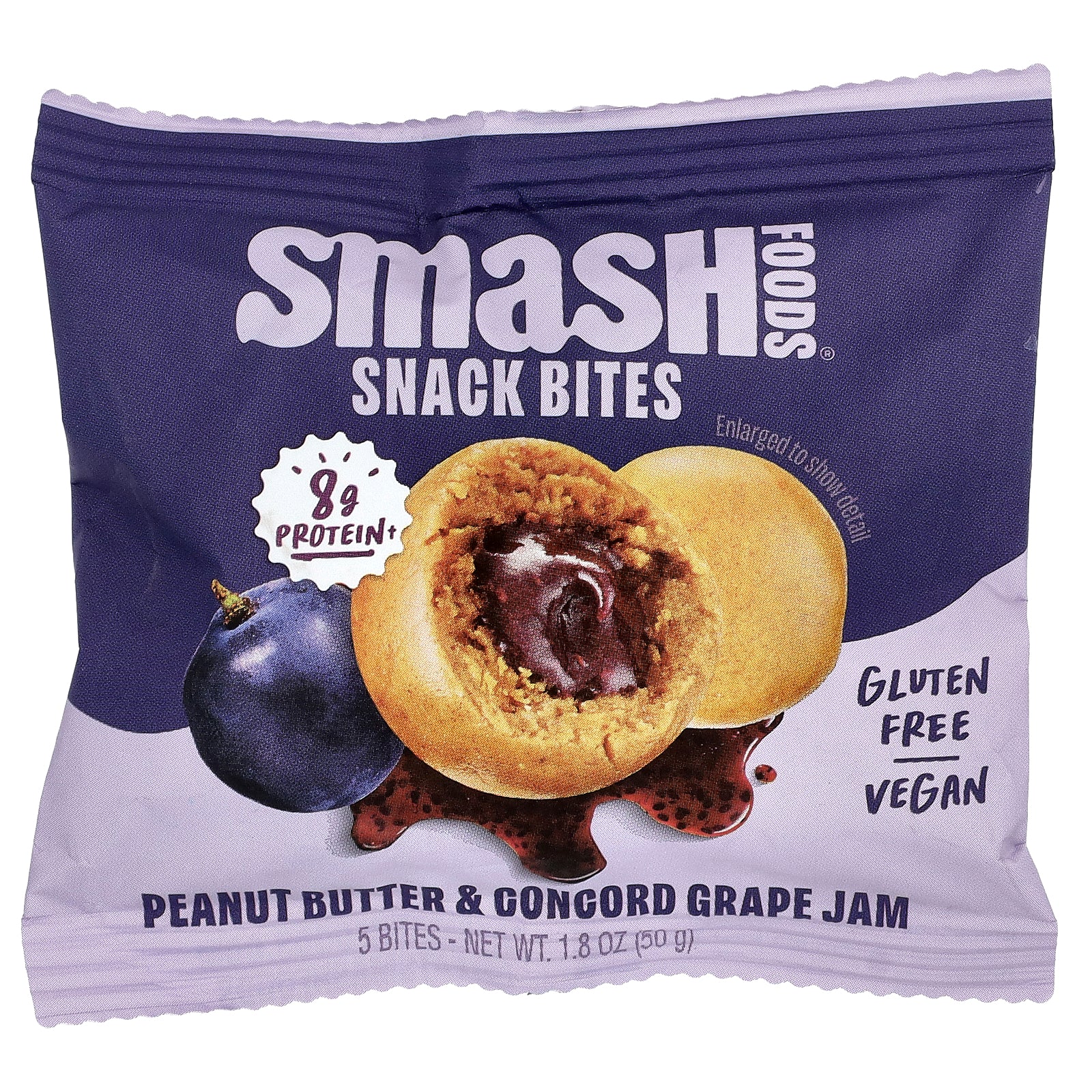 Smash Foods, Snack Bites, Peanut Butter & Concord Grape Jam, 5 Bites, 1.8 oz (50 g)