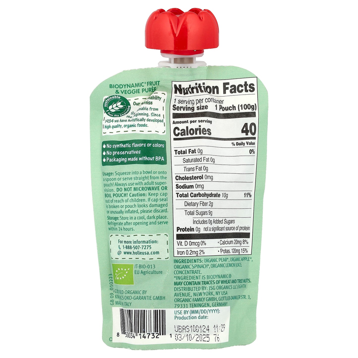 Holle, Organic Fruit & Veggie Puree, Power Parrot, 6+ Months, Pear & Apple With Spinach, 3.5 oz (100 g)