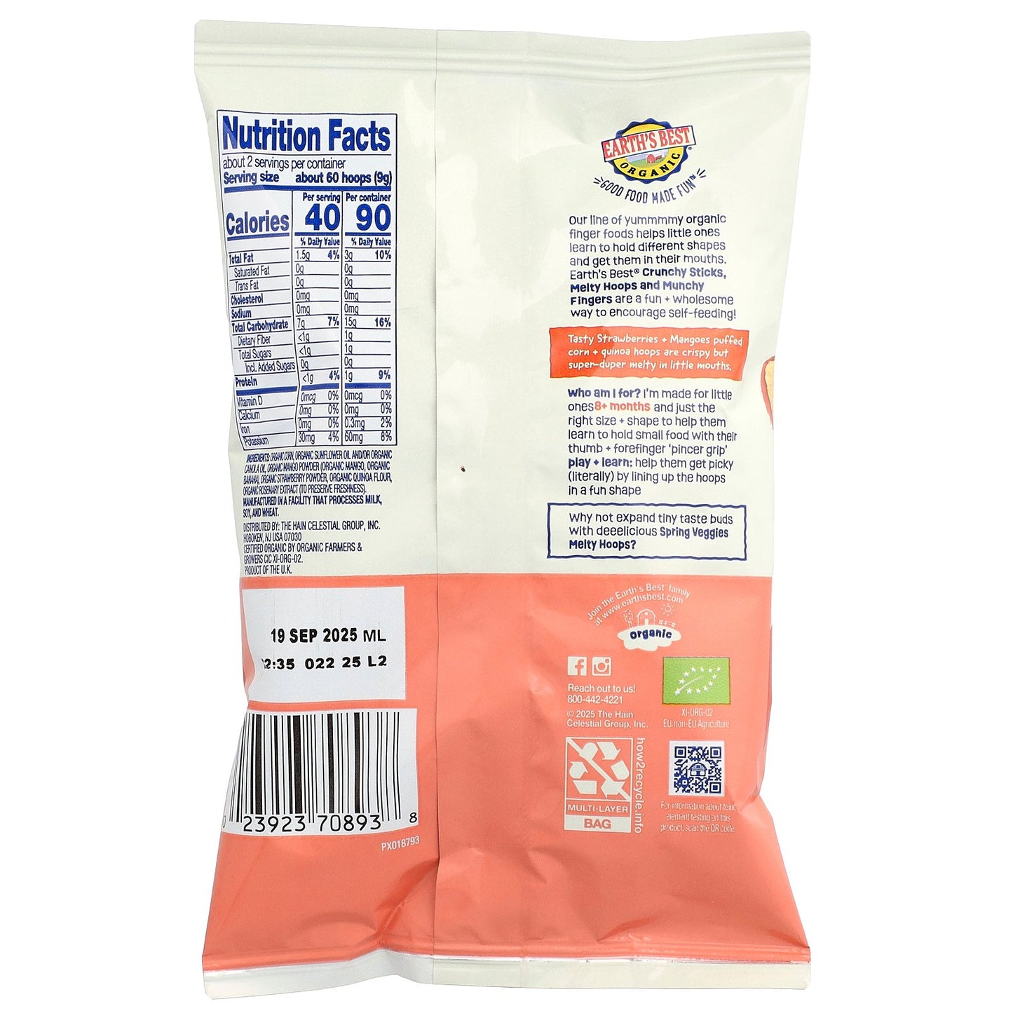 Earth's Best, Organic Melty Hoops, Puffed Corn Snack, 8+ Months, Strawberries + Mangoes, 0.7 oz (20 g)