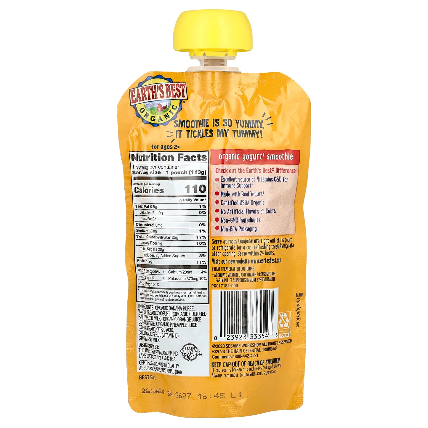 Earth's Best, Organic Immune Support Yogurt Smoothie, Ages 2+, Banana Orange Pineapple, 4 oz (113 g)