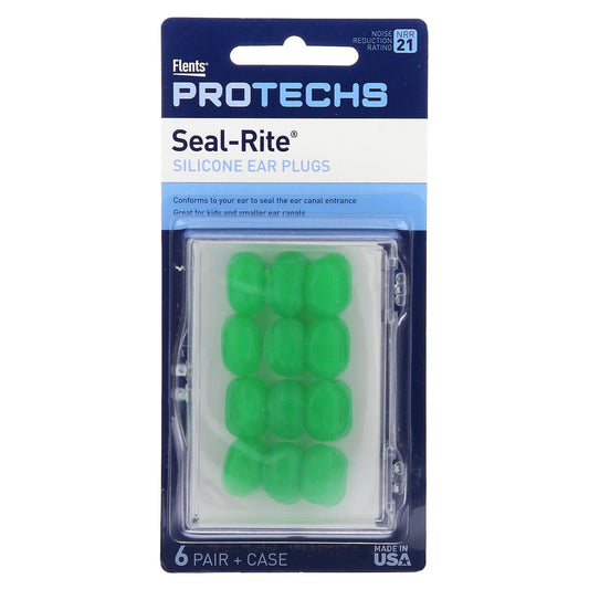 Ezy Dose, Pro-Techs, Seal-Rite, Silicone Ear Plugs, Green, 6 Pair & Case