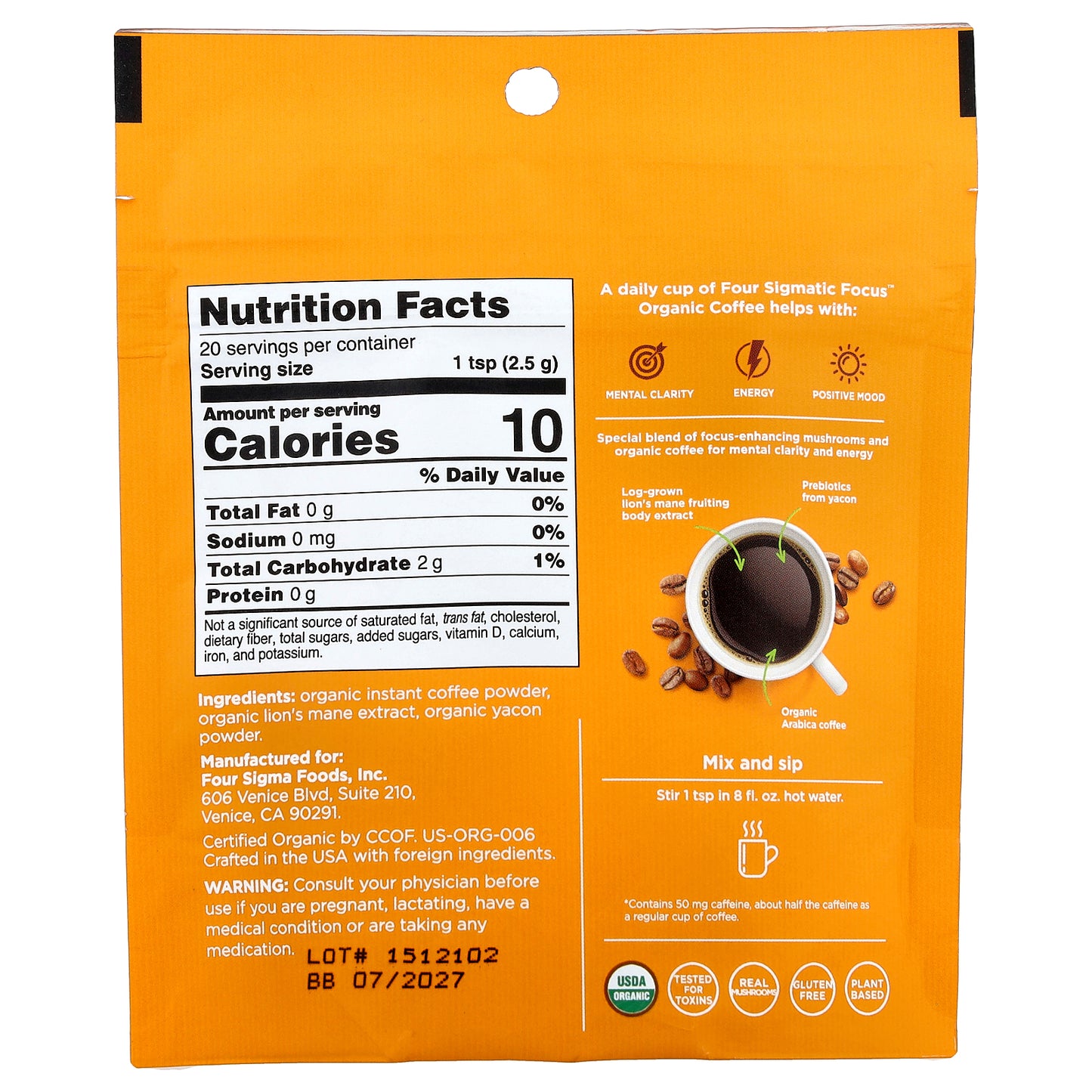 Four Sigmatic, Focus, Organic Instant Coffee with Lion's Mane Mushroom & Yacon, Medium Roast, 1.76 oz (50 g)